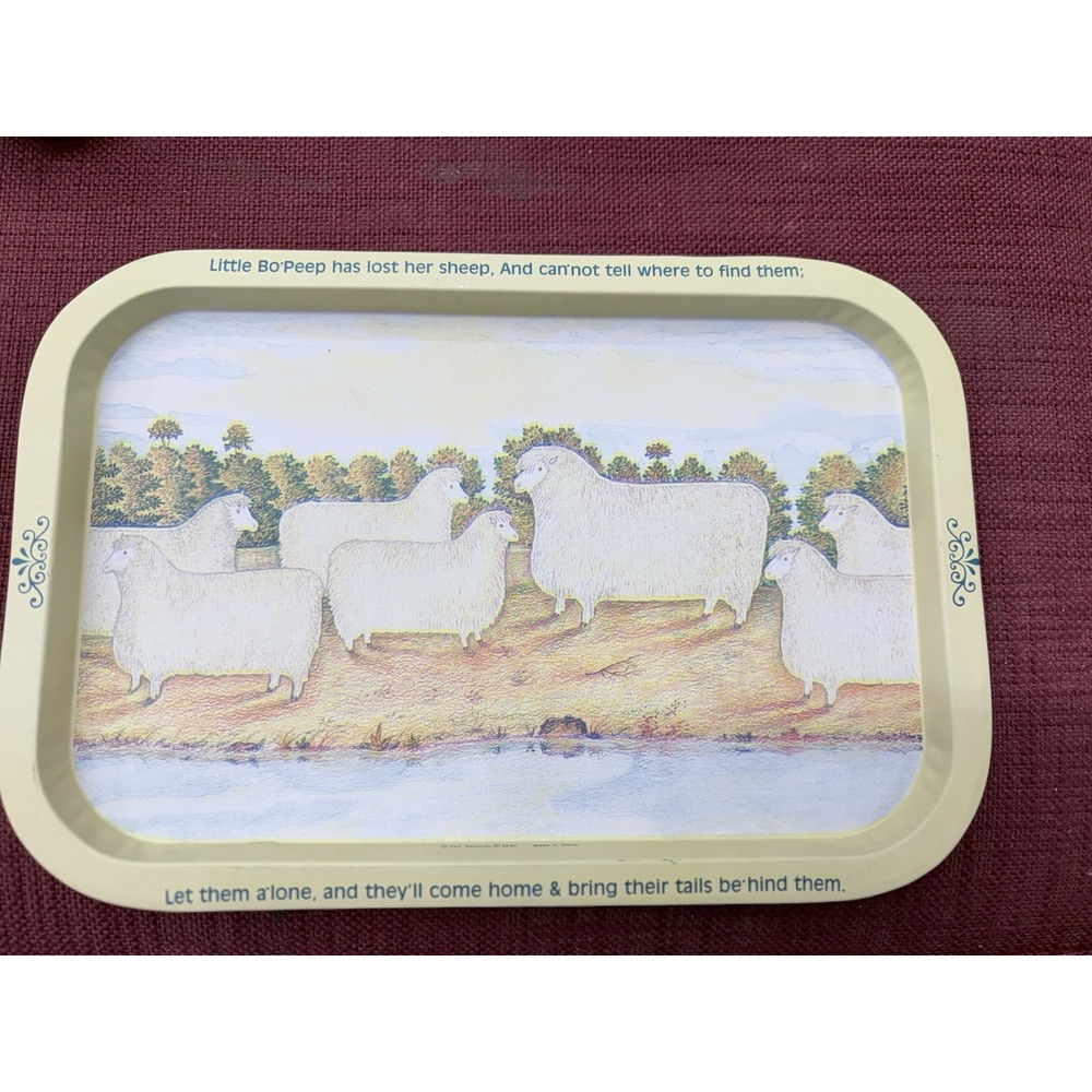 Vintage Metal Folk Art Serving Tray featuring the "Little Bo Peep" Nursery Rhyme